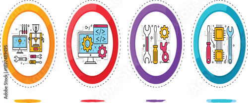 Technology Infographic Icon Set Featuring Software Development, Coding, System Configuration, Engineering Tools, and Digital Workflow Concepts in Colorful Modern Design