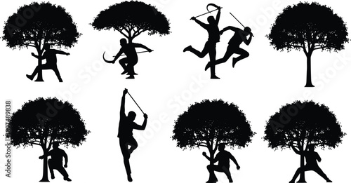   
Tree and human silhouette illustration, black vector design, martial arts pose, nature contrast, dynamic movement, foliage backdrop, combat stance, artistic concept