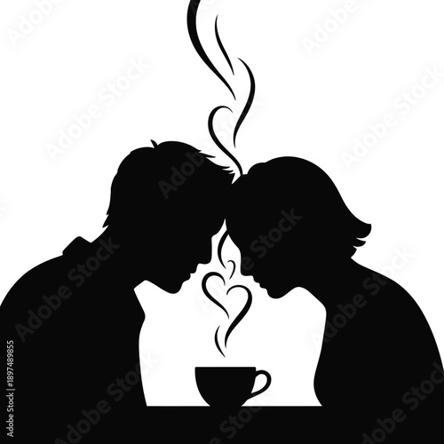 Couple sharing a cup of coffee with a heart-shaped steam design isolated on white background, Vector, illustration