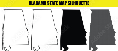 Alabama state map silhouette set with solid, outlined, black, and dotted versions for cartographic and design projects