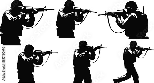Soldier shooting silhouettes, tactical rifle poses, black military illustration, combat stance art, armed forces action, battlefield movement concept