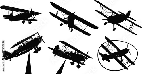 Vintage biplane silhouettes, aerobatic flight poses, black aircraft illustration, aviation maneuver art, retro plane design, dynamic air motion