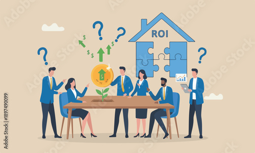 Property or fall teams together buy a rental profit, ROI, return on investment or mortgage, house ownership or investing opportunity concept, businessman hand put coin with money return