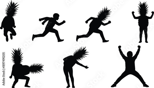 Pineapple head silhouette, surreal fruit art, humorous human figure, creative concept, jumping pose, vector illustration, pop art, quirky design