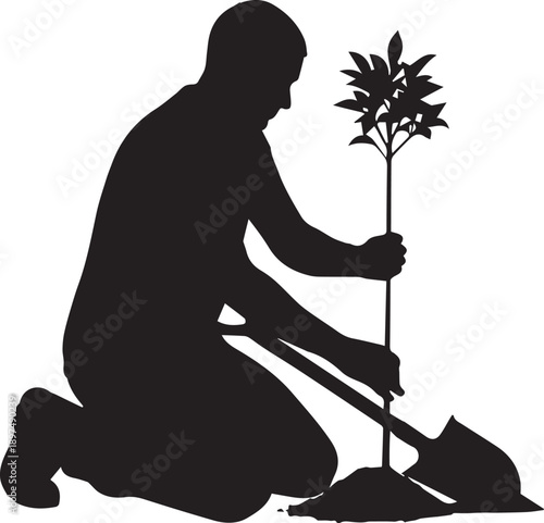 Silhouette man planting sapling with shovel vector illustration gardening ecological concept