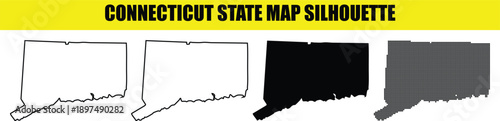 Connecticut state map silhouette set with solid, outlined, black, and dotted versions for cartographic and design projects