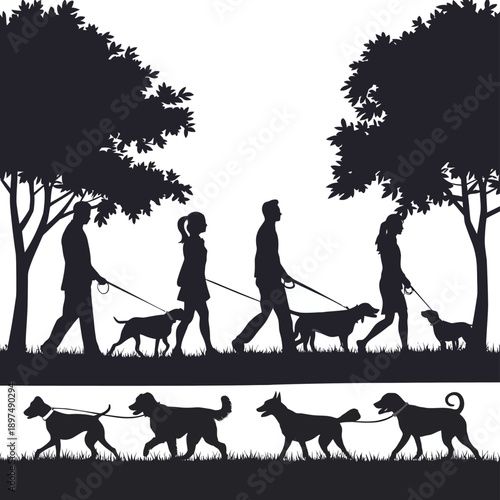 Silhouettes of people walking their dogs in a park with trees and a row of dogs below. isolated on white background, Vector, illustration