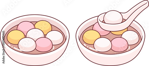 Tangyuan, traditional Chinese dessert. Glutinous rice balls in a bowl with hot syrup. Cartoon vector clip art illustration.