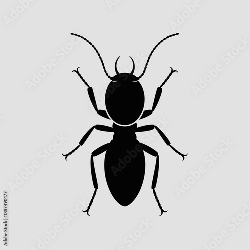 Top view silhouette of an ant with clear body segments and antennae, isolated against a light grey background
