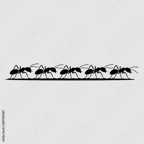Line of black ants marching in silhouette across a grey background, representing unity and perseverance