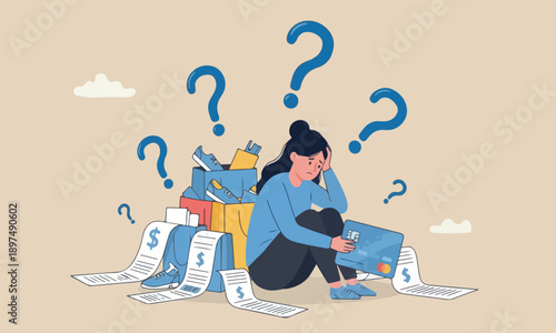 Credit card debt, or trouble, consumerism or buying addicted causing financial problem concept, hopeless woman sitting with long list overdue bills on credit card