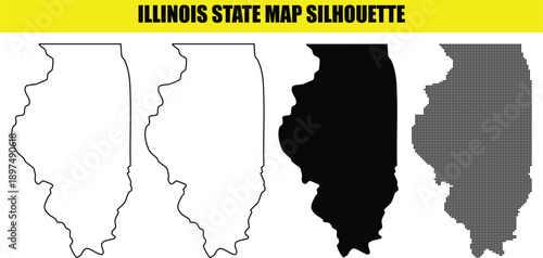 Illinois state map silhouette detailed outline solid black pixel art white clean vector illustration graphic design element