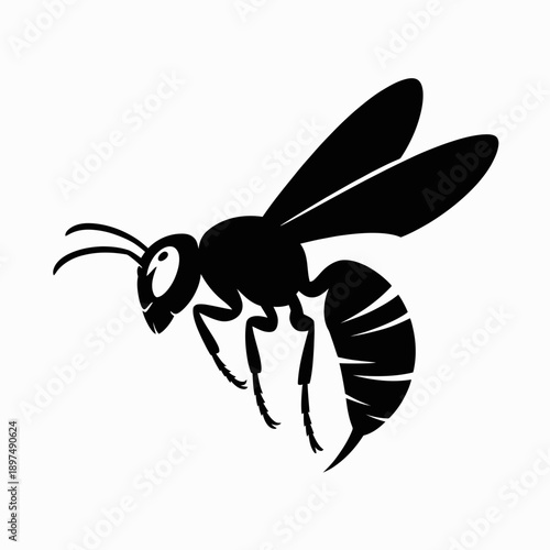 Dynamic black silhouette of a wasp in flight, wings outstretched and abdomen segmented, isolated on white. Vector illustration, bold and graphic.