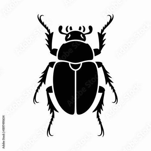Top view silhouette of a scarab beetle, a symbol of ancient Egypt, rendered in stark black on a white background. Vector illustration.