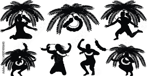 Tamarind tree silhouette illustration set, cultural fruit gathering poses, black vector figures, tropical plant design, rural lifestyle art, pod harvest scene