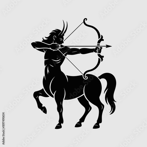 Black silhouette of a centaur archer, a mythical creature with human torso and horse body, aiming a bow and arrow.