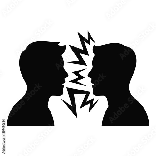 Two silhouettes facing each other with a lightning bolt symbolizing conflict between them isolated on white background, Vector, illustration