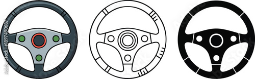 Steering wheel silhouette & Outline and illustration set isolated on transparent background
