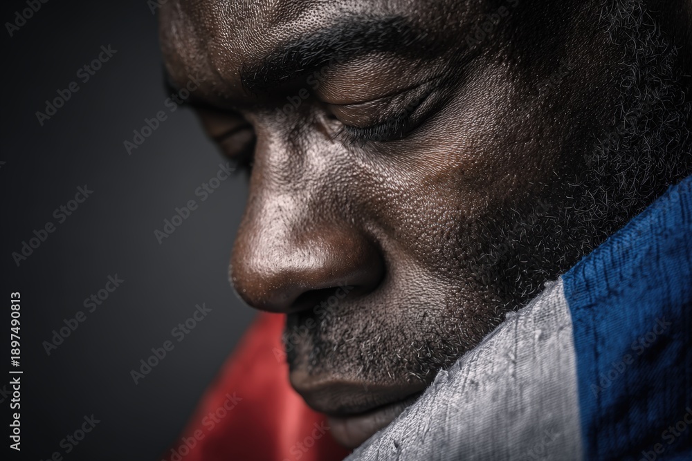 Obraz premium Emotional Close-Up Portrait of Man Holding Tricolor Flag with Eyes Closed