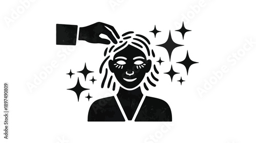 A person receiving a magical hair treatment with sparkling stars around their head. isolated on white background, Vector, illustration