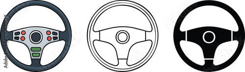 Steering wheel silhouette & Outline and illustration set isolated on transparent background