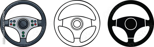 Steering wheel silhouette & Outline and illustration set isolated on transparent background