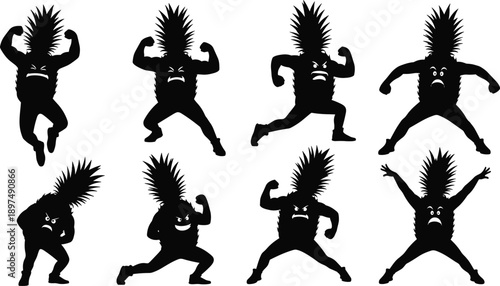 Pineapple warrior silhouette illustration, black vector design, muscular fruit character, angry face, dynamic pose, tropical humor, fantasy concept, bold art