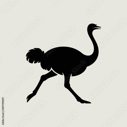 Black silhouette of an ostrich running with long legs and neck extended on a light background