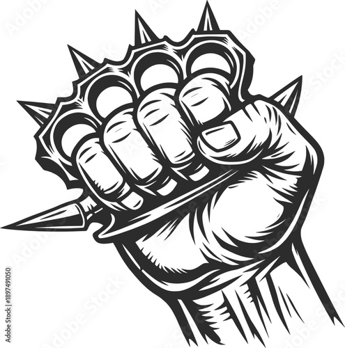 Aggressive Fist Holding Knife Illustration with Spiked Knuckles.