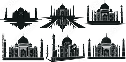 Taj Mahal vector illustration, black and white design, Indian architecture, historical monument, symmetrical view, cultural heritage, iconic landmark, artistic rendering