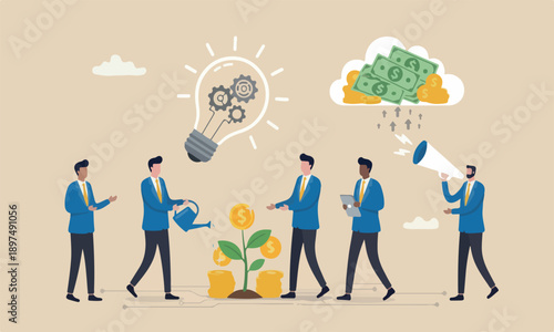 Monetize innovation,meeting teams together earn money thinking, startup or fund raising concept, smart business watering on growing money coin seedling plant from lightbulb idea