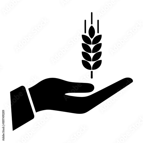 Black Silhouette Icon of a Human Hand Holding an Ear of Wheat or Grain, Representing Agriculture, Farming, Harvest, Organic Food Production, and Growth on a White Background.