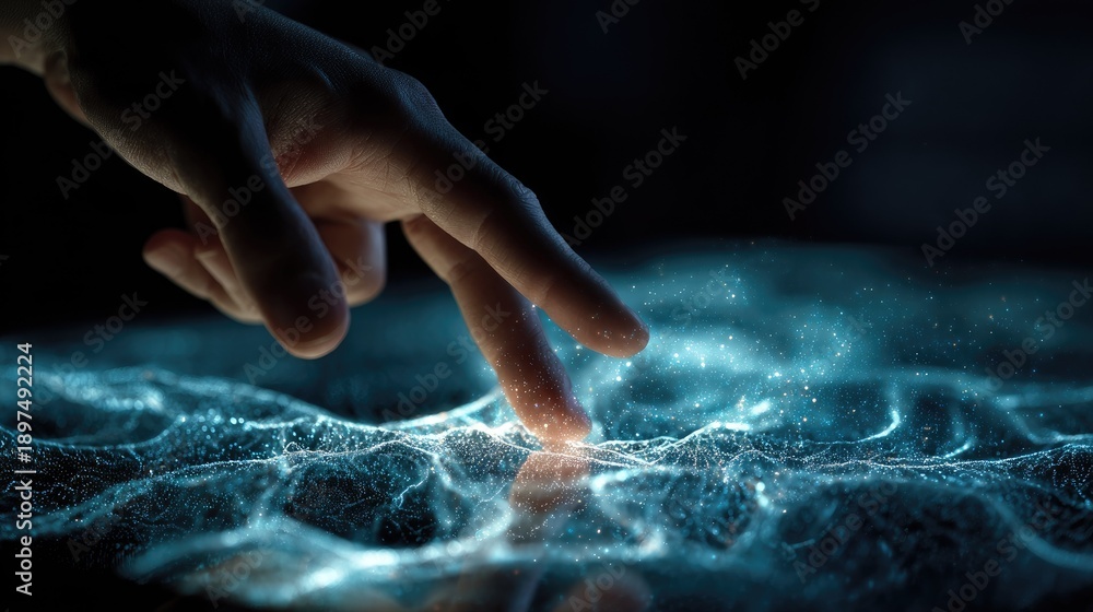 Fototapeta premium Human hand touching illuminated surface creating digital futuristic effect