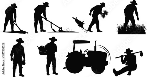 Farmer silhouette illustration, black vector design, farming activity pose, wheelbarrow, basket, tractor icon, harvest scene, agriculture concept, rural life