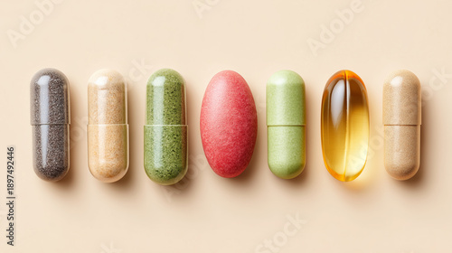 Top view of various vitamins and dietary supplements in capsules, tablets and soft gel pills neatly arranged. Concept of nutrition, health and active lifestyle.