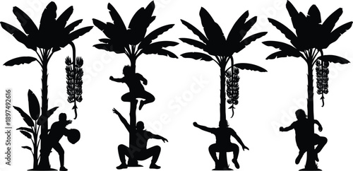 Banana tree silhouettes with farmers, harvesting poses, black agricultural illustration, tropical fruit farming, rural labor concept, nature interaction art