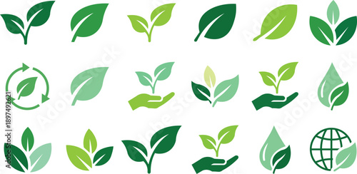 Green Eco Leaf Icon Set: Organic Nature Symbols, Sustainability Logos, Plant Growth Graphics, Recycling Elements, and Environmental Conservation Illustrations for Bio, Herbal, and Vegan Design