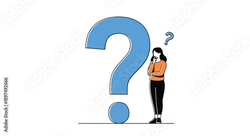 Young woman standing thoughtfully and looking up at a massive blue question mark symbol representing big life decisions.