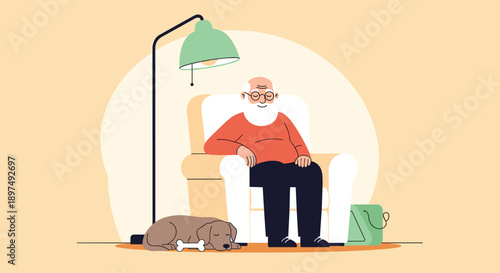 Peaceful senior man sleeping in a cozy white armchair with his faithful dog resting at his feet on the floor at home.