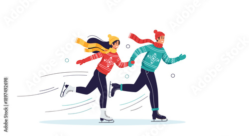 Young man and woman wearing warm winter clothes ice skating together with joy and speed on a frozen outdoor surface.
