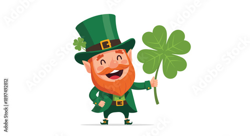 Jolly leprechaun character with a red beard and green hat holding a massive four-leaf clover for Saint Patrick's Day.