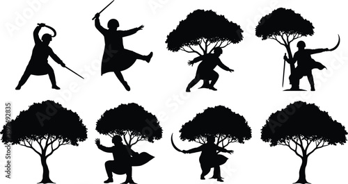 Martial arts sword silhouettes, tree fusion art, nature and combat blend, warrior poses, creative concept, black figure illustration