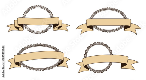 Set of four elegant vintage-style ribbon banners wrapped around ornate circular and oval lace-edged frames on white.