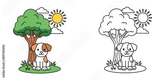 Cute puppy sitting under a tree on a sunny day vector illustration with coloring book page outline for kids education