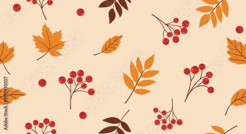 Seamless autumn pattern featuring various orange and brown falling leaves mixed with clusters of red berries on a light background.