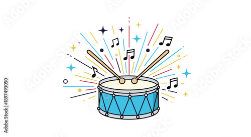 Blue snare drum with drumsticks hitting the surface surrounded by colorful musical notes, stars, and explosive rays.