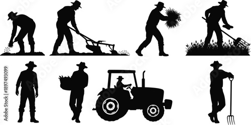 Farmer silhouette illustration set, rural agriculture poses, black vector design, farming activity icons, plowing harvesting planting, countryside labor pack