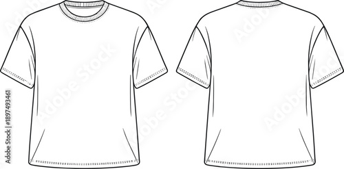 Basic t shirt technical flat illustration, front and back view, short sleeve crew neck design, casual apparel mockup, vector line drawing