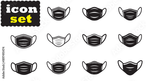 Medical Face Mask Icon Set, Editable Solid Vector Illustration