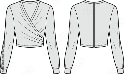 Women wrap top technical flat illustration, front and back view, long sleeve cropped blouse design, fashion apparel mockup, vector line drawing